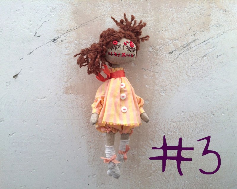 Rag creepy doll #3, OOAK haunted halloween doll, handmade creepy cute doll - 玩偶/公仔 - 亚麻 橘色