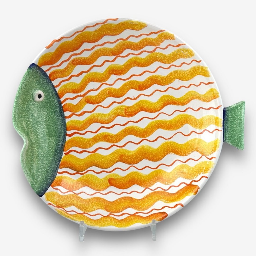 意大利手工陶-PVE 维内雷渔港 鱼型深盘 餐盘 沙拉盘 34.5cm - 盘子/餐盘/盘架 - 陶 多色