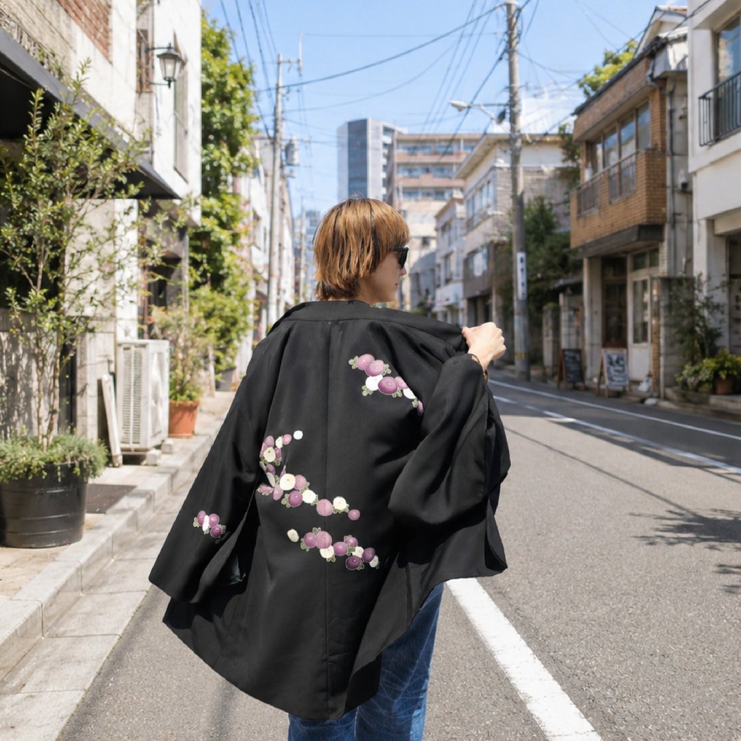 节日款黑色复古和服外套、独一无二、轻薄舒适、日式80 - 女装休闲/机能外套 - 丝．绢 黑色