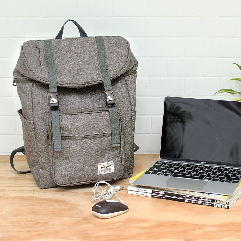 双扣大容量后背包(14寸笔电OK)-深灰_100398 - 后背包/双肩包 - 棉．麻 咖啡色