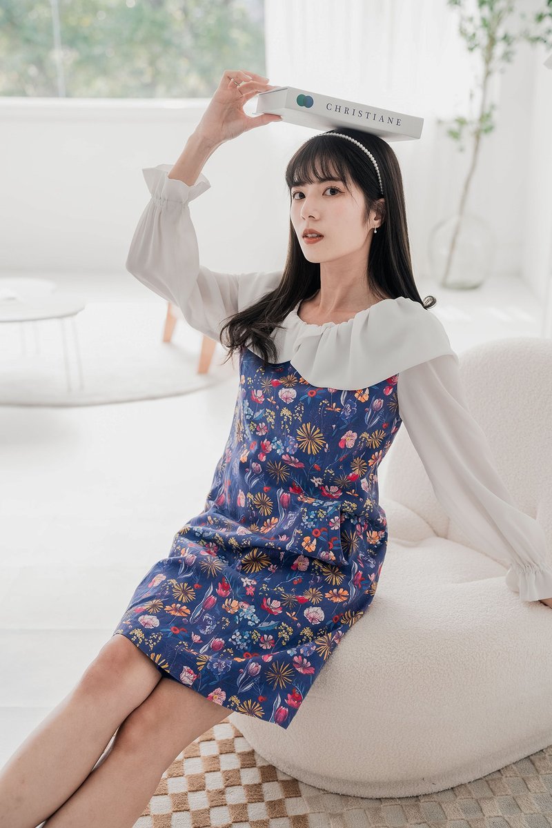 【LADY】云朵领片 郁金香小洋装 短裙 琉璃绀 - 洋装/连衣裙 - 棉．麻 蓝色