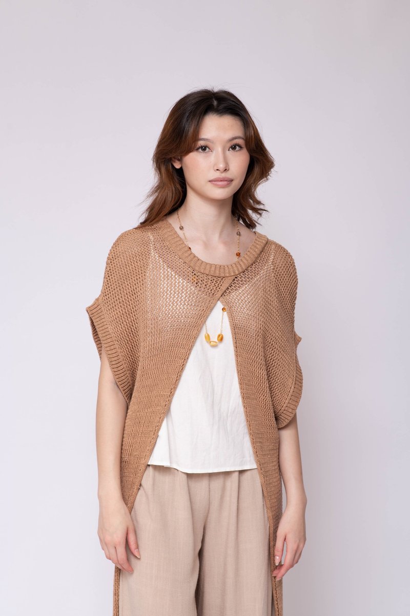 【Amoha】纯棉针织长版两面穿罩衫-焦糖奶茶色 - 女装针织衫/毛衣 - 其他材质 咖啡色