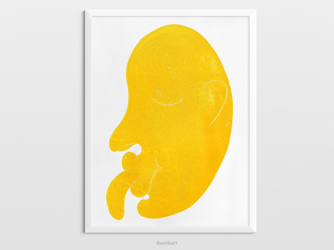 Original face artwork Linocut print Yellow abstract modern wall art Housewarming - 海报/装饰画/版画 - 纸 黄色