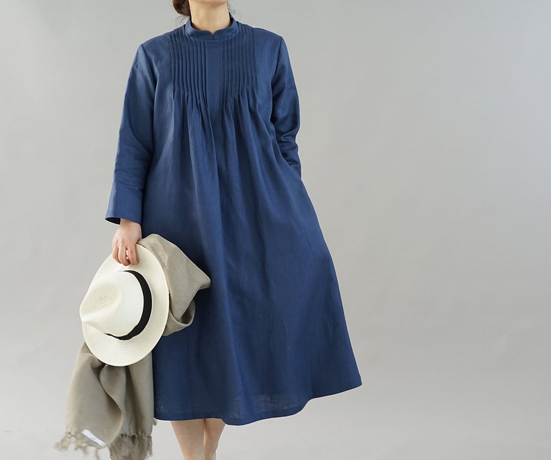 wafu - 純亞麻洋裝 Midweight linen pin-tuck dress / Bleu Marine a081b-bum2 - 洋装/连衣裙 - 亚麻 蓝色