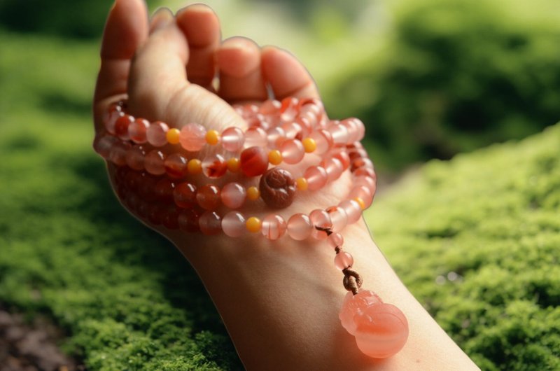 【鸿影】天然南红8mm冰飘108念珠项链手持手串南红葫芦双鱼 - 手链/手环 - 宝石 