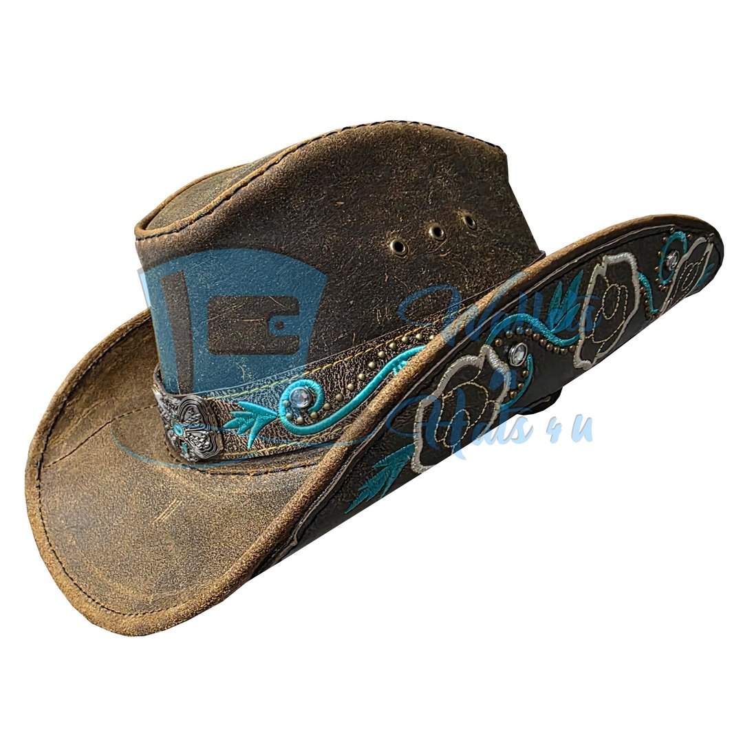 德州西部经典 Distressed Brown 皮革复古风格女牛仔/牛仔帽 - 帽子 - 真皮 咖啡色
