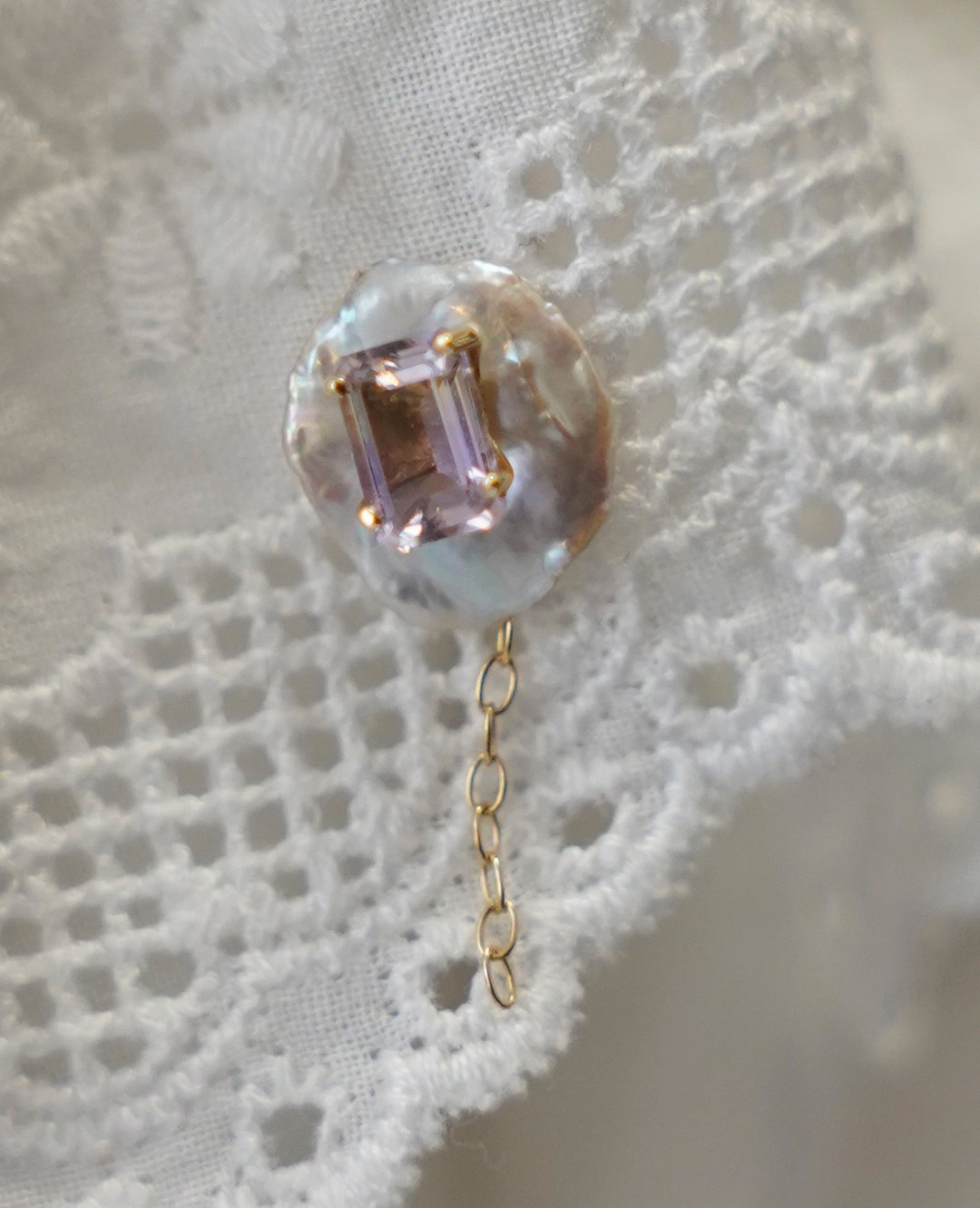 K10 Pearl×Ametrine pierced 紫黄晶 - 耳环/耳夹 - 其他金属 紫色