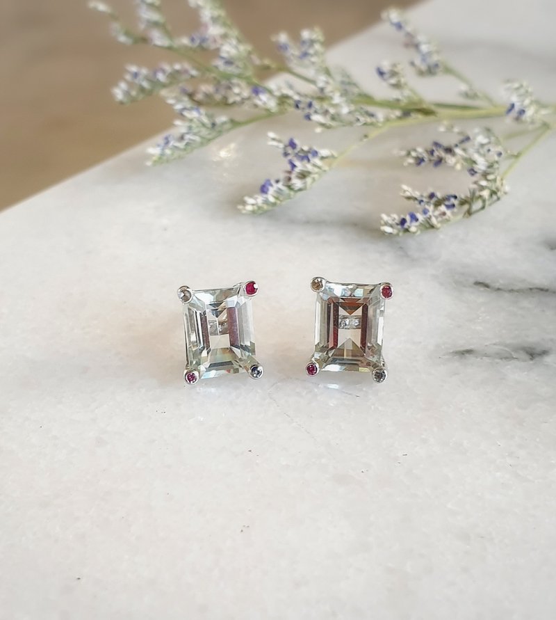 Green amethyst earrings with ruby and white topaz corners. - 耳环/耳夹 - 半宝石 多色