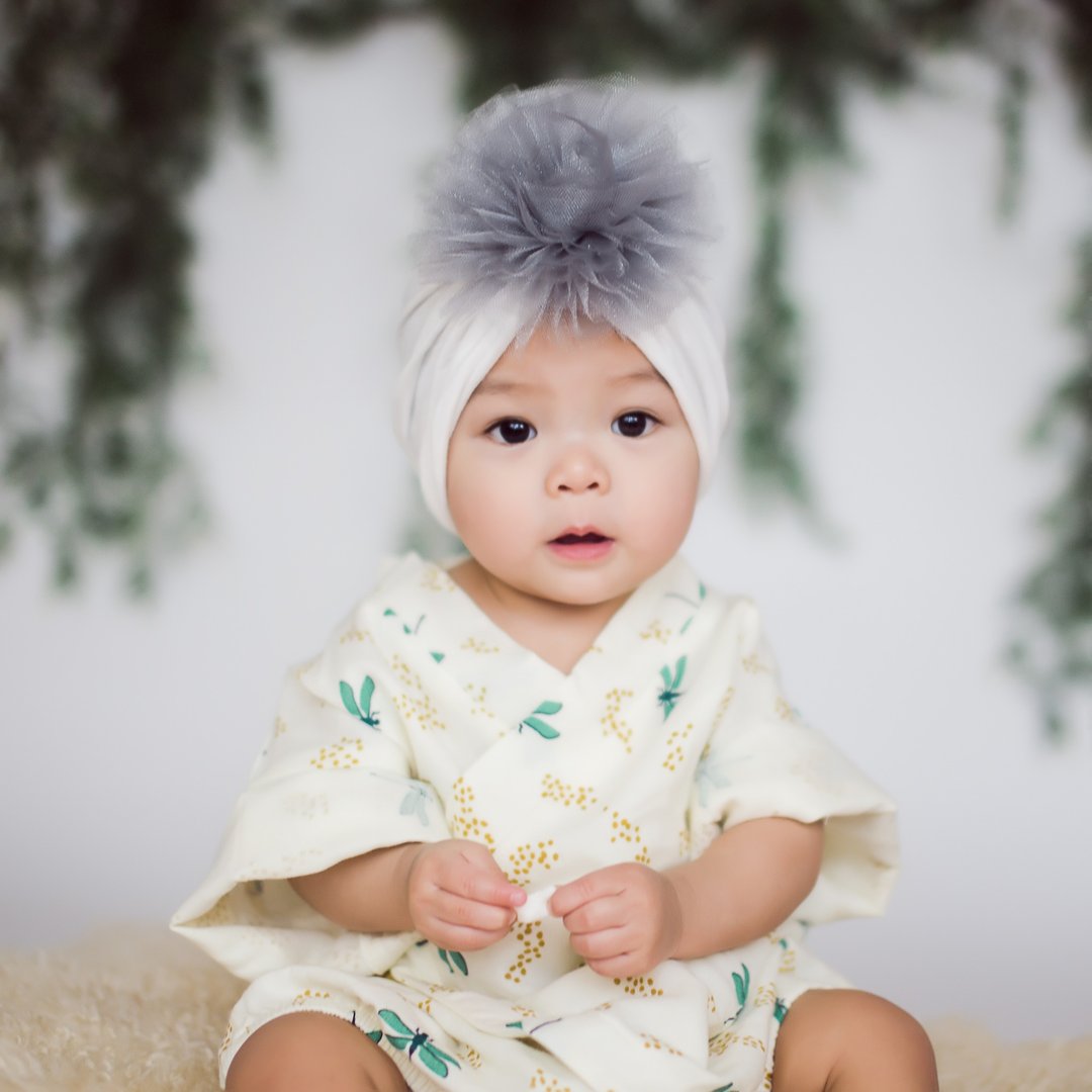 Baby Hat Tulle Flower Turban Chic Grey Hat - 围嘴/口水巾 - 棉 多色