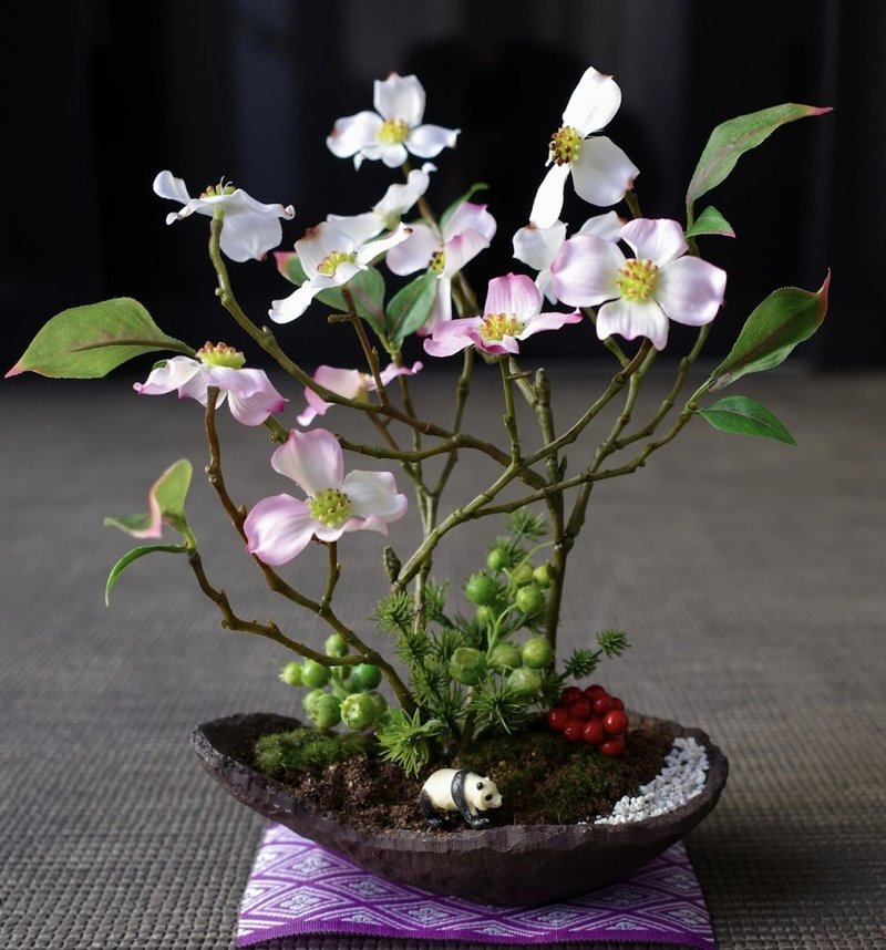 花水木与熊猫迷你仿真盆栽 日本和风居家装饰 永不凋谢 - 摆饰 - 其他材质 粉红色