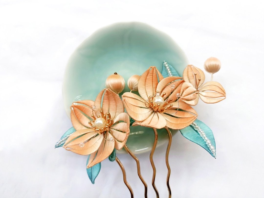 日落 橘色花渐层蓝色缠花古风传统工艺手作发簪饰品 - 发饰 - 绣线 橘色