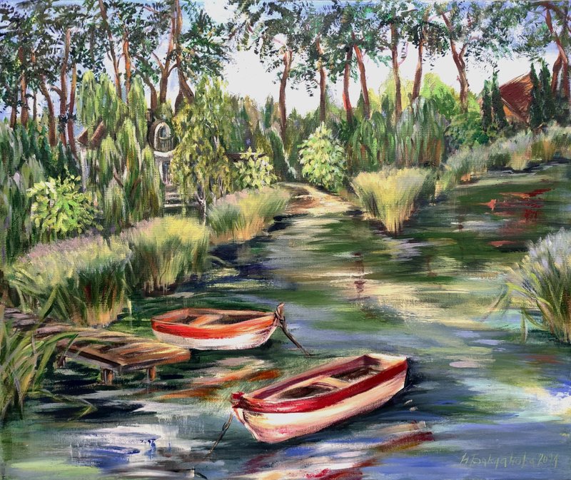 乡村河流风光中的小船 原画 印象派自然风景 - 墙贴/壁贴 - 其他材质 蓝色