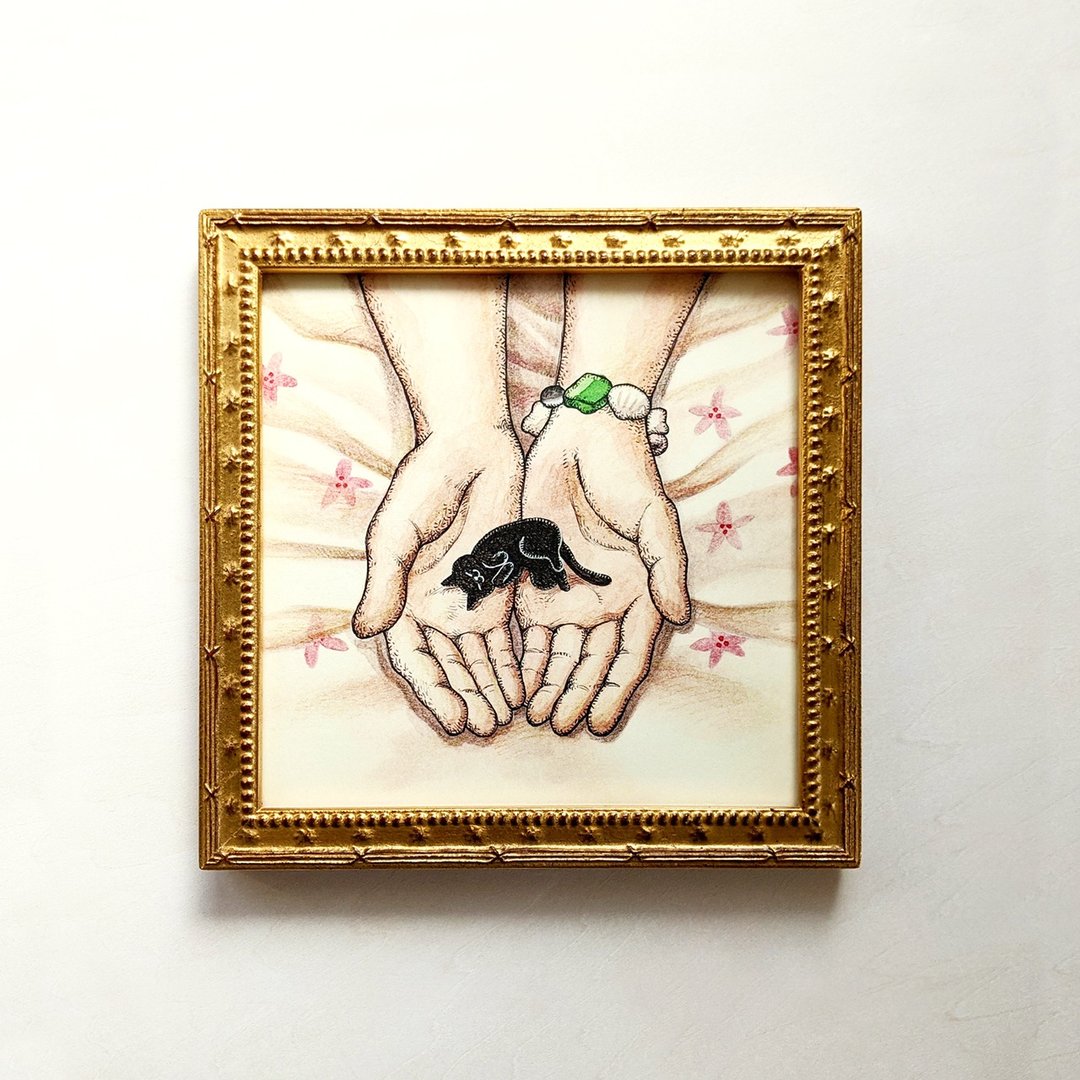 150 方形黑猫手工艺术印刷品/插图复制品 - 海报/装饰画/版画 - 纸 粉红色