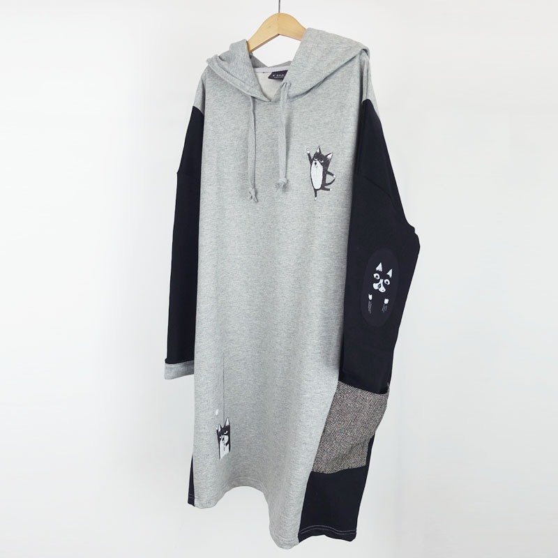 Urb. / 抓抓猫 / 长袖 / 连帽口袋洋装 - 女装上衣 - 棉．麻 灰色