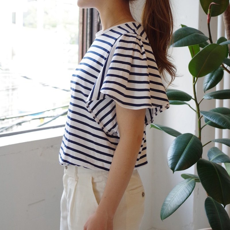 Border ruffle sleeve tops navy x white - 女装 T 恤 - 棉．麻 蓝色