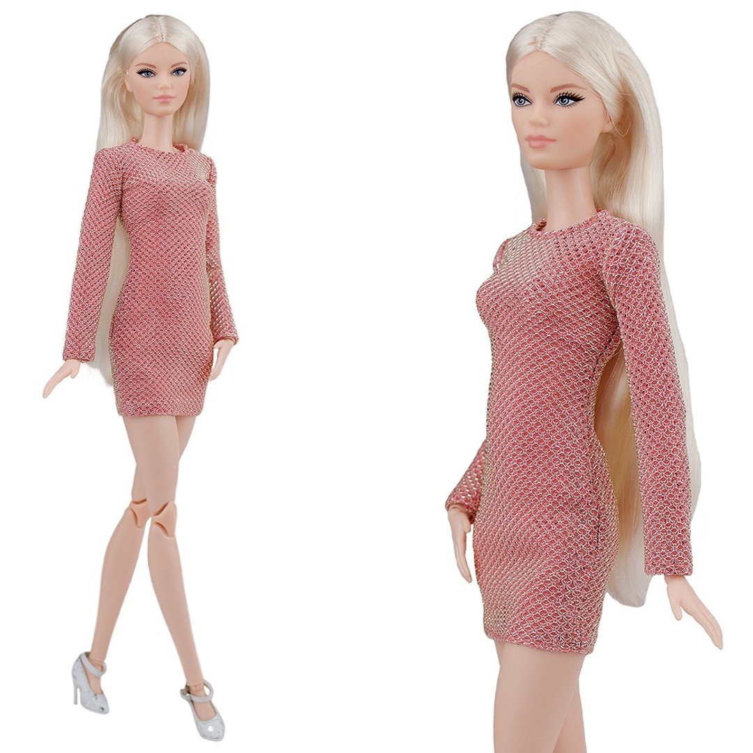 ELENPRIV shiny pinky peach mini-dress for Barbie doll 30cm 11 1/2 in. dolls - 玩具/玩偶 - 聚酯纤维 粉红色