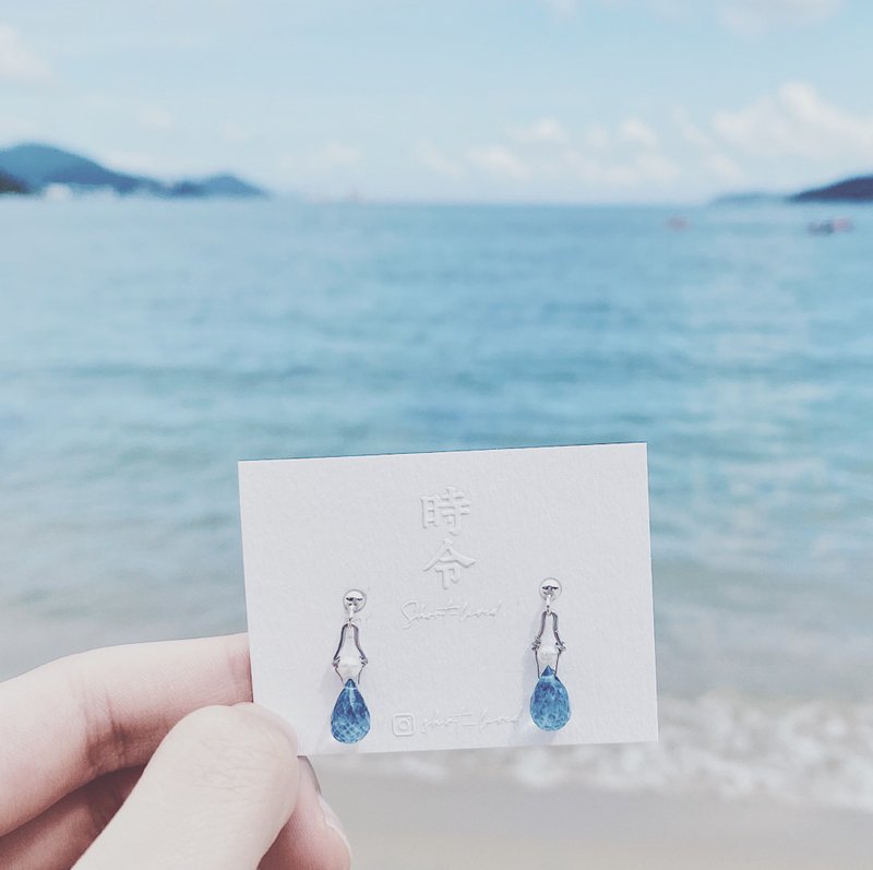 。蓝の岬 Aqua brine。海之泪。切面水滴天然托帕石s925手工耳环 - 耳环/耳夹 - 水晶 蓝色