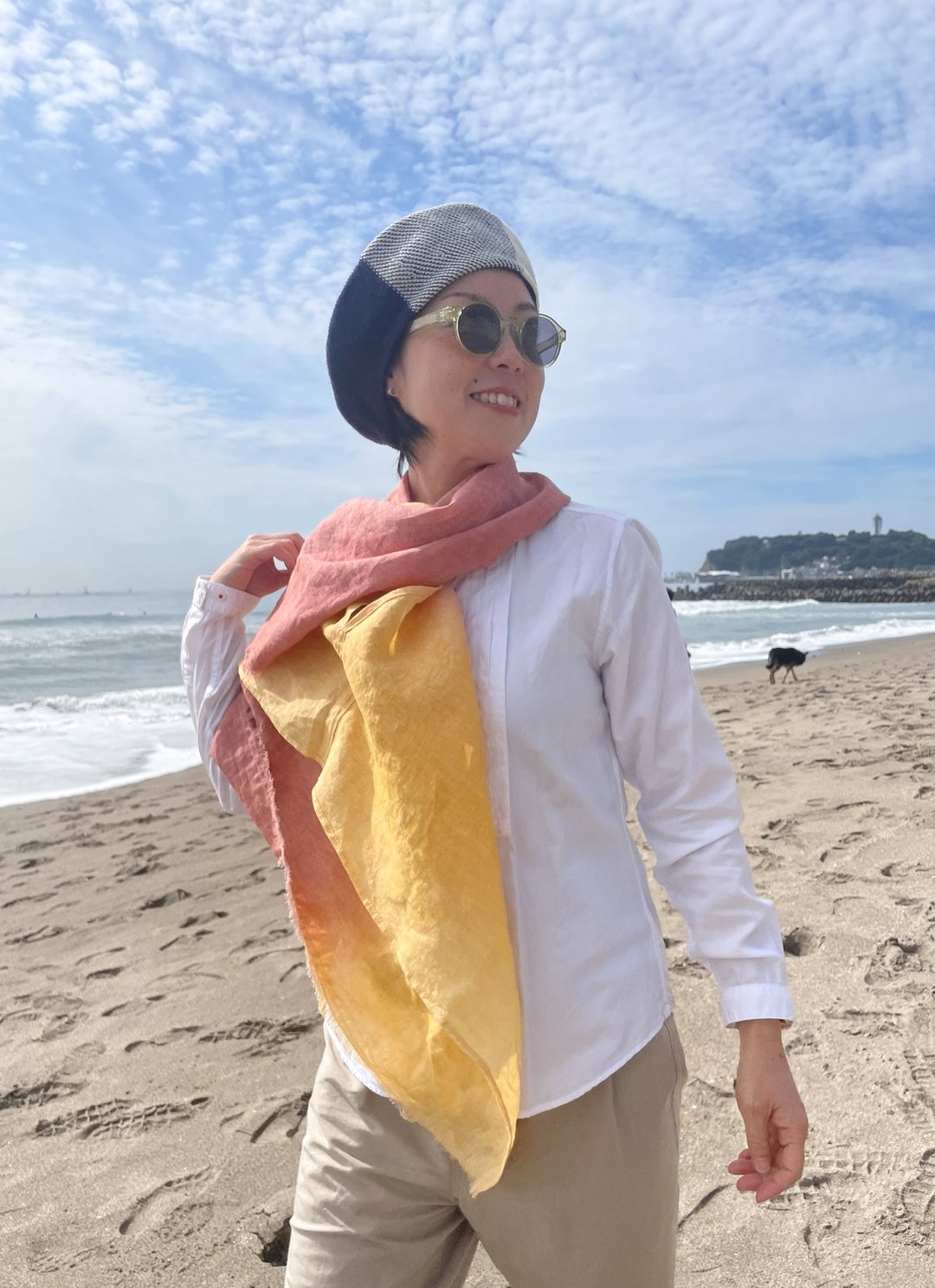 泥染 法式亚麻 可穿戴围巾 雅致流苏 披上晚霞 Sunset Poncho Stole 日本 - 围巾/披肩 - 棉 黄色