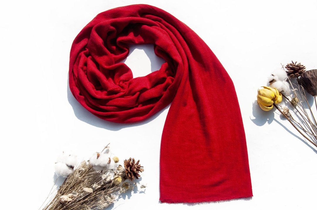 喀什米尔Cashmere/羊绒围巾/纯羊毛围巾披巾/戒指绒披肩-辣椒红色 - 围巾/披肩 - 羊毛 红色