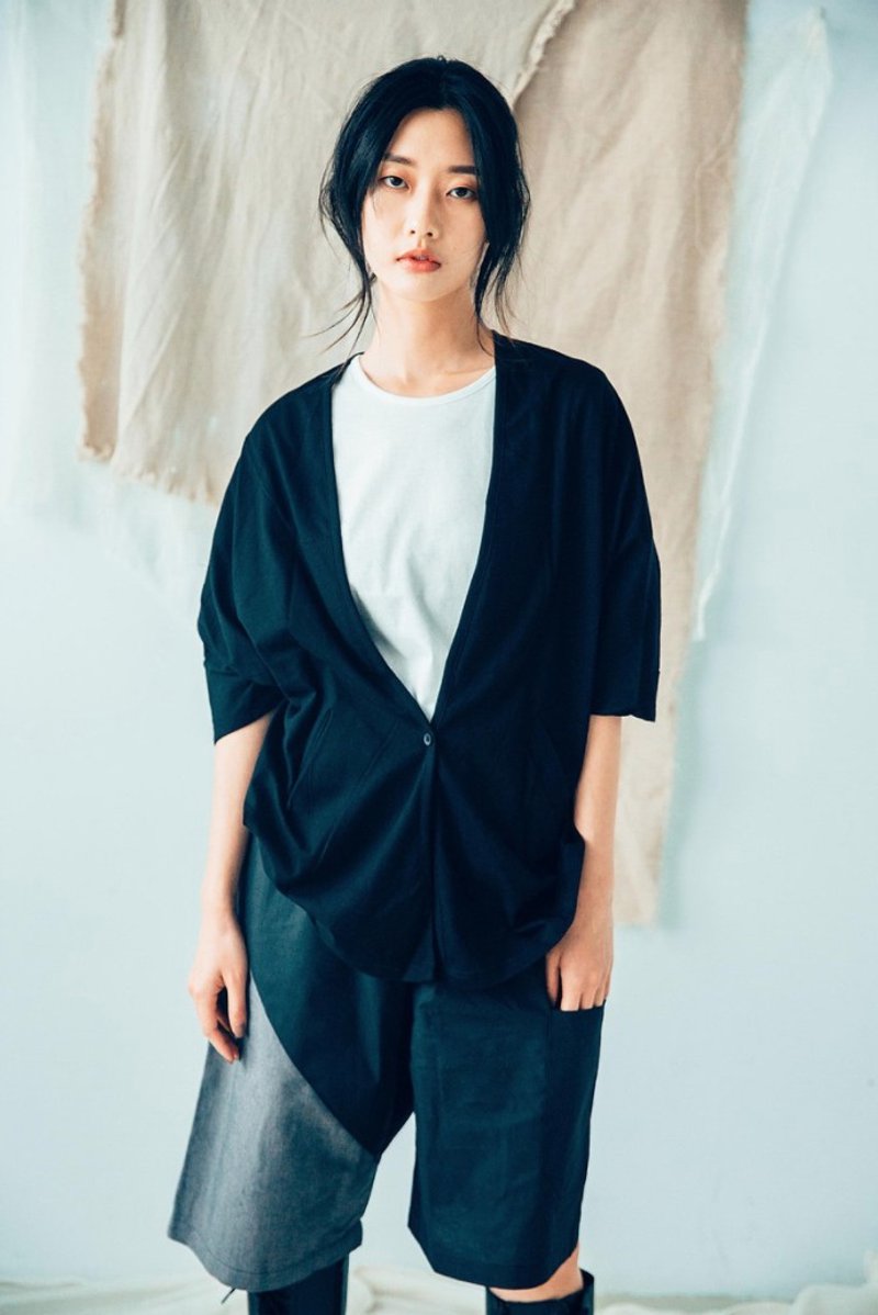 连袖罩衫外套 (黑/白) Organic Cotton - 女装休闲/机能外套 - 棉 黑色