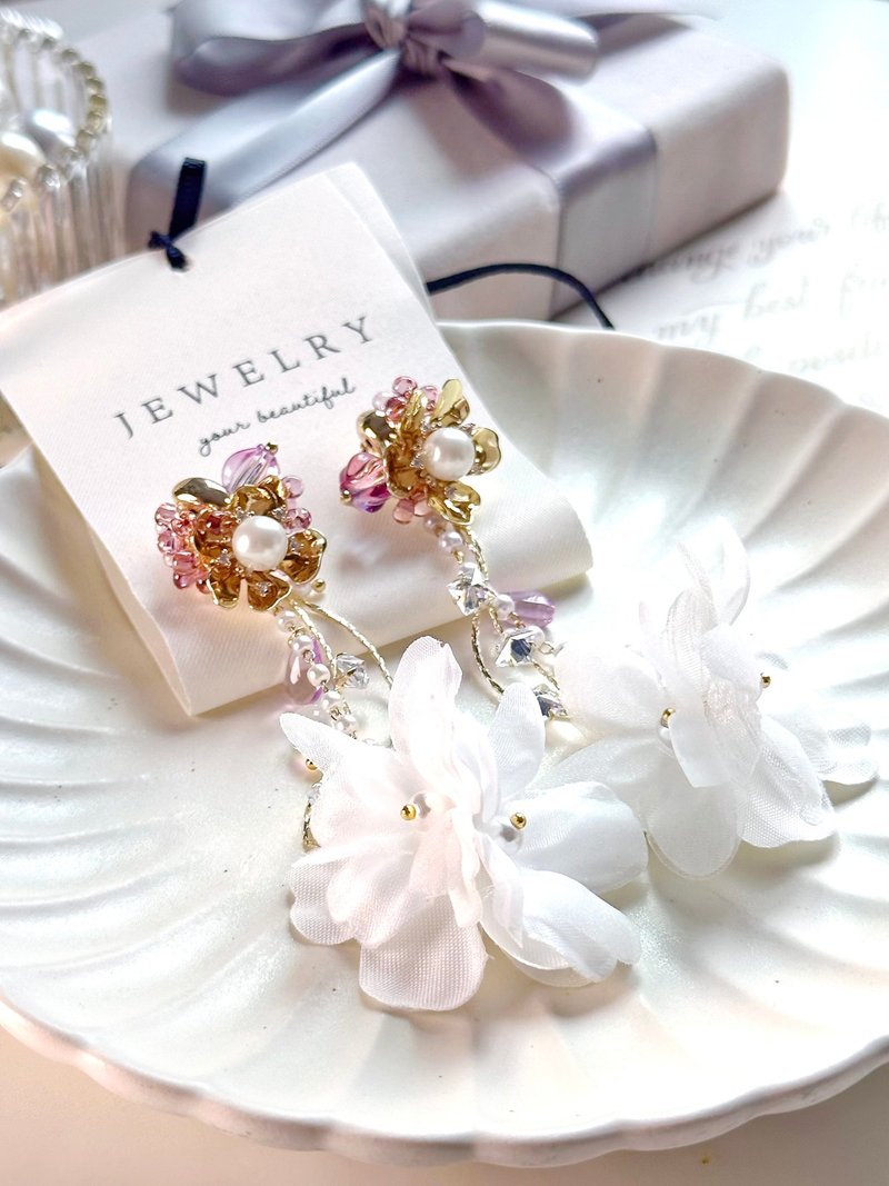 婚嫁首饰/珍珠耳环/ 结婚耳环/派对耳环/户外婚礼/新娘耳环 - 耳环/耳夹 - 丝．绢 金色