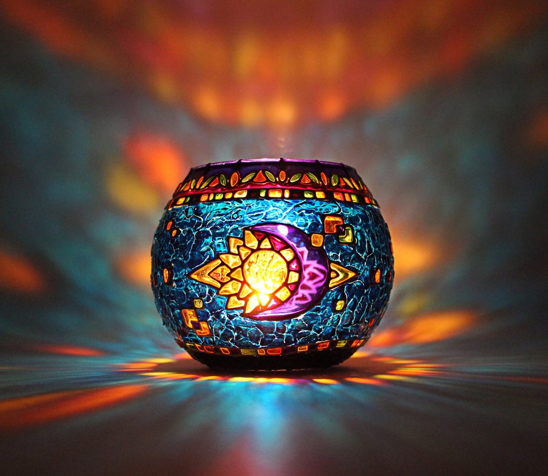 Sun & Moon Glass Candle Holder Deep Blue Eye Votive Tealight Holder Hand-Painted - 蜡烛/烛台 - 玻璃 蓝色