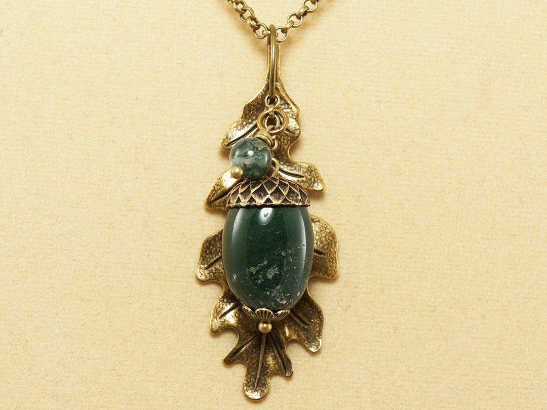 Green Jasper Acorn Moss Agate Brass Oak Leaf Pendant Necklace Woman Jewelry Gift - 项链 - 半宝石 绿色