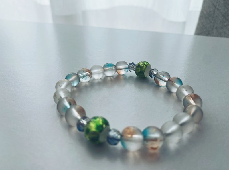 【琉璃系列】日系青绿琉璃拼橙蓝磨砂珠手链 - 手链/手环 - 琉璃 绿色