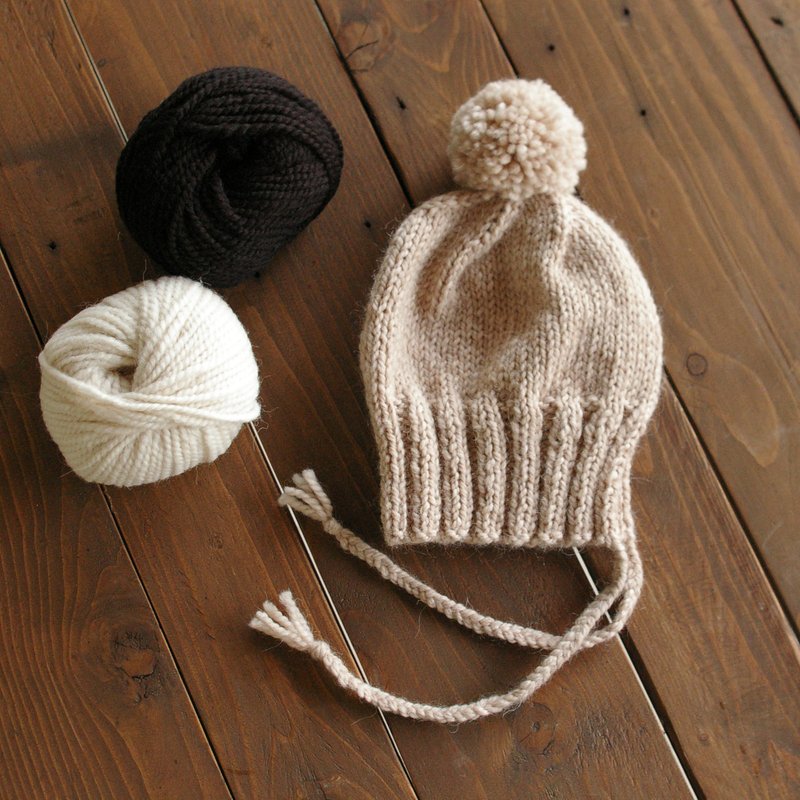 球球辫子遮耳毛帽 - 其他 - 羊毛 卡其色