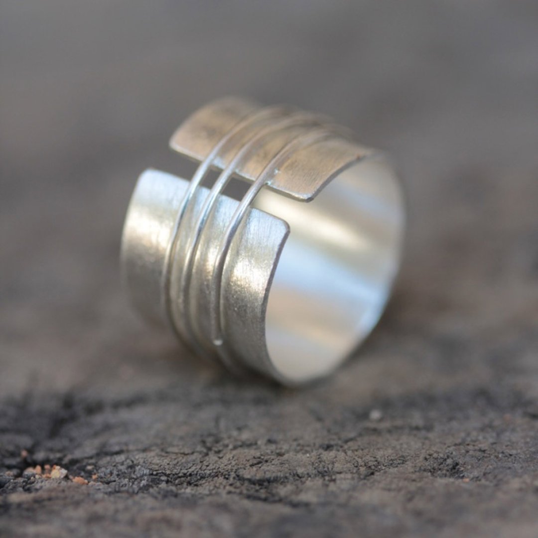 Handmade open band silver ring with three silver wire loops (R0033) - 戒指 - 银 银色