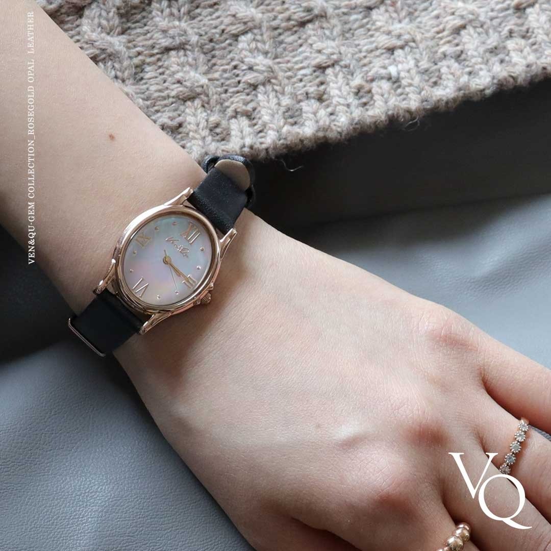 【Ven & Qu】宝石玫瑰金-蛋白石腕表 – 23×27 mm 表壳, 黑色皮 - 女表 - 不锈钢 粉红色