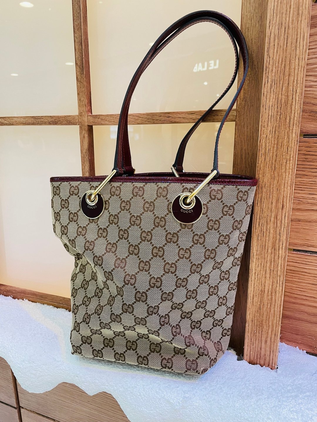 Gucci Vintage Small Canvas Tote 古驰中古帆布侧背袋小号 - 手提包/手提袋 - 真皮 咖啡色
