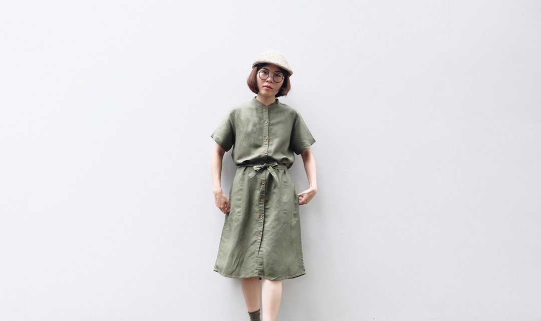 Mandarin Ribbon Dress ( MAY Dress ) : Green linen - 洋装/连衣裙 - 棉 绿色