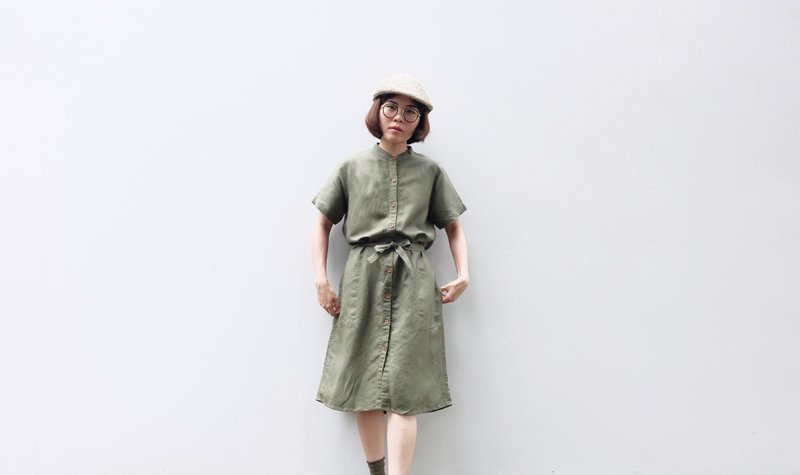Mandarin Ribbon Dress ( MAY Dress ) : Green linen - 洋装/连衣裙 - 棉．麻 绿色