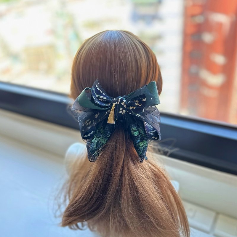 烫钻纱蕾丝蝴蝶结相交夹香蕉夹仙女夹发夹-深绿色 - 发饰 - 其他材质 绿色