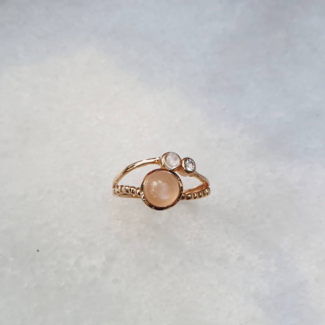 Peach moonstone ring with Rainbow moonstone Size 5.5 (Resizable) - 戒指 - 银 粉红色