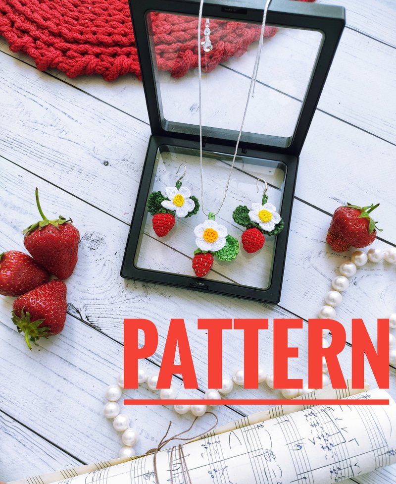 草莓耳环钩针图案 PDF 微型水果可爱吊坠耳环 - 编织/刺绣/羊毛毡/裁缝 - 棉．麻 红色