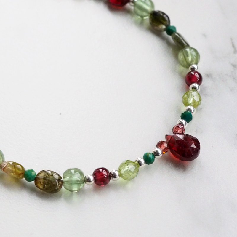 林间宝石·蛇莓蔓生幽径 | 石榴石、磷灰石、硅孔雀石纯银手链 - 手链/手环 - 半宝石 蓝色