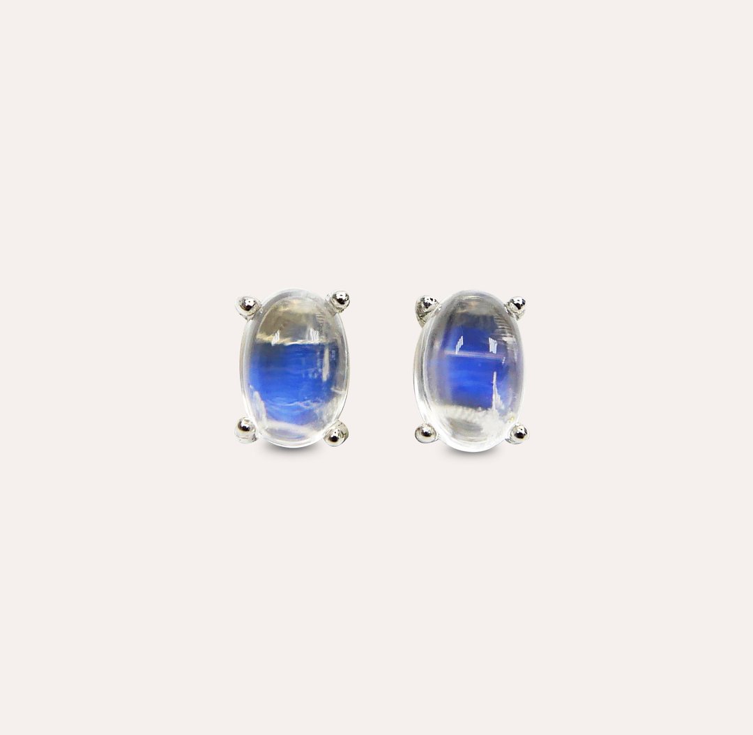安珠 月光石 蓝色 椭圆 蛋面 4*6mm 耳环 经典系列 Oval E 宝石 - 耳环/耳夹 - 银 蓝色