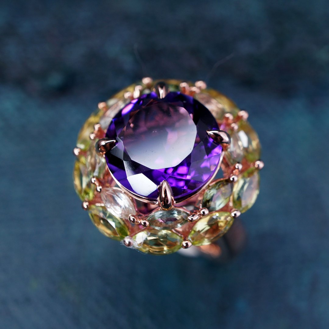 花园 - 紫水晶 配 碧茜 橄榄石 纯银 电18K 玫瑰金 戒指 - 戒指 - 宝石 黄色