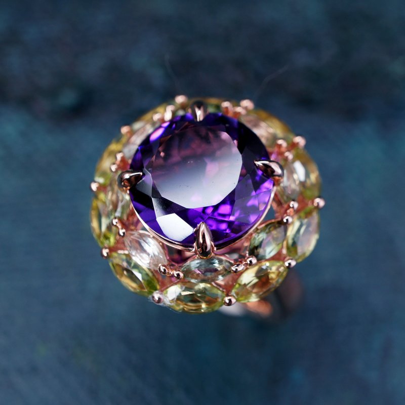 花园 - 紫水晶 配 碧茜 橄榄石 纯银 电18K 玫瑰金 戒指 - 戒指 - 宝石 黄色