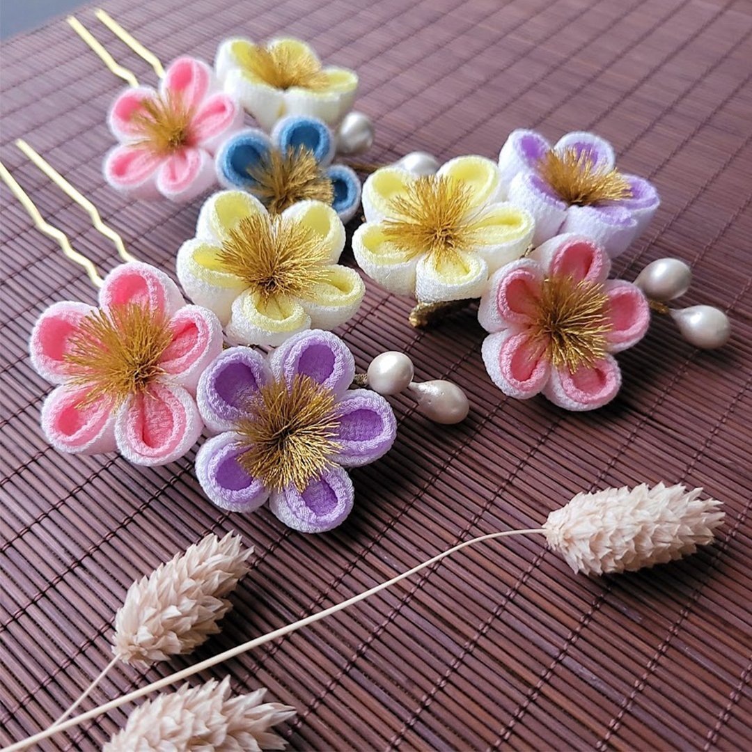 日式布花【马卡龙三色重梅花簪】 和风发饰|つまみ细工 - 发饰 - 聚酯纤维 粉红色