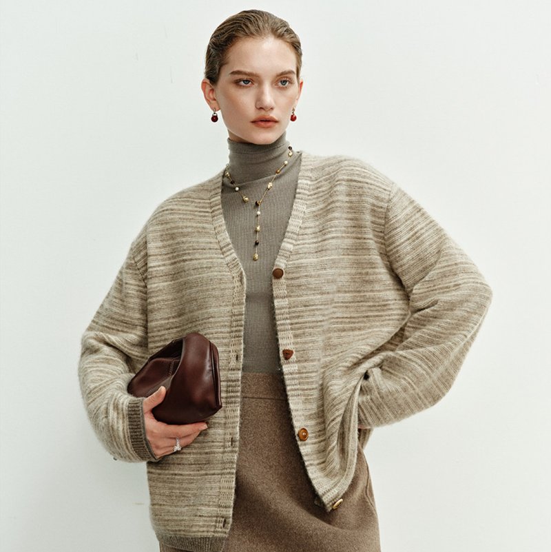 【牦牛绒彩条开衫】 法式简约/V领廓形针织衫/藏地软黄金羊绒衫 - 女装上衣 - 其他材质 多色