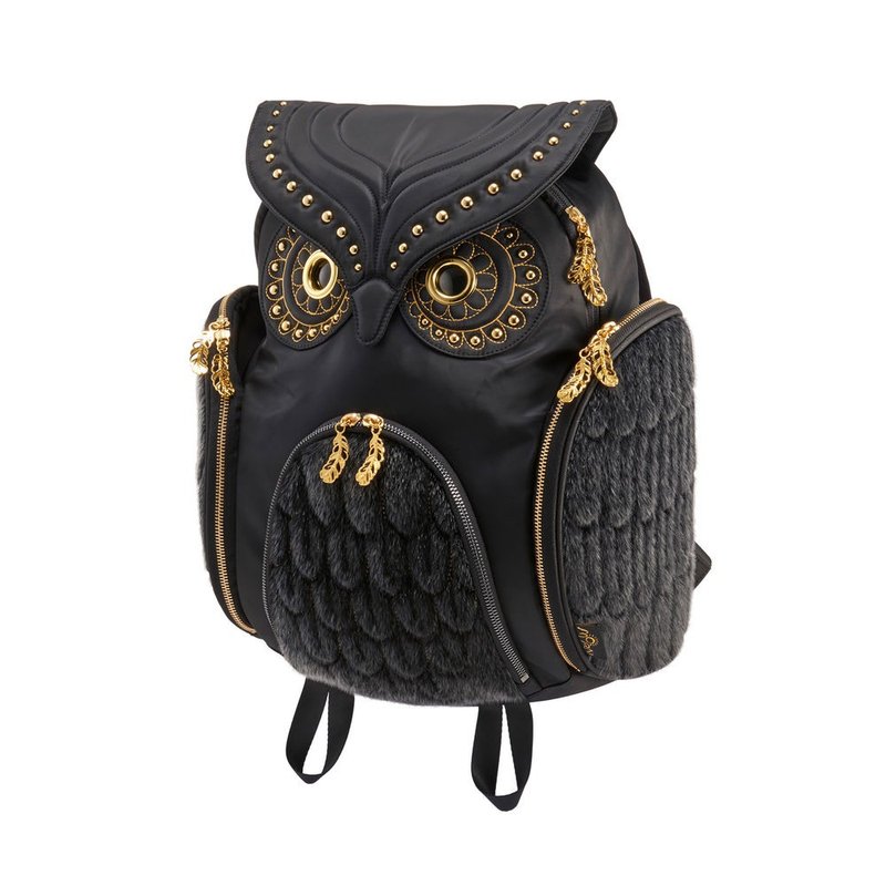 Morn Creations 猫头鹰后背包-黑色皮草铆钉(L) - 后背包/双肩包 - 其他材质 黑色