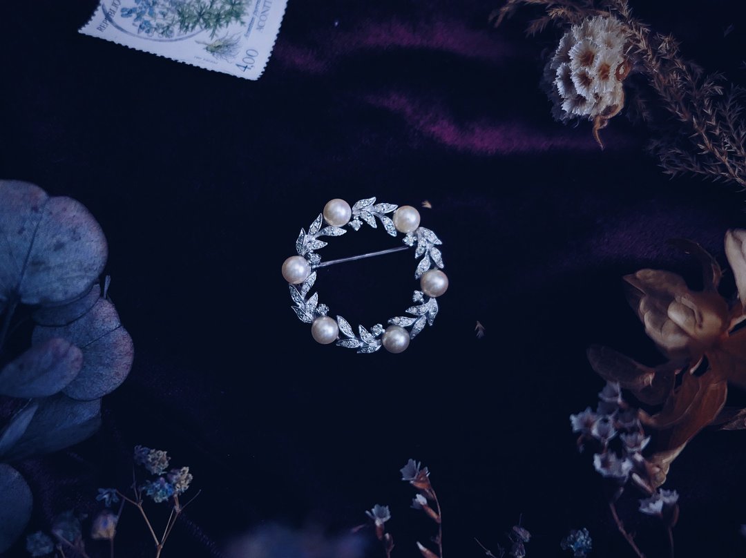 Panetta 植草珍珠花圈胸针－美国古董首饰 Vintage Jewelry - 胸针 - 银 