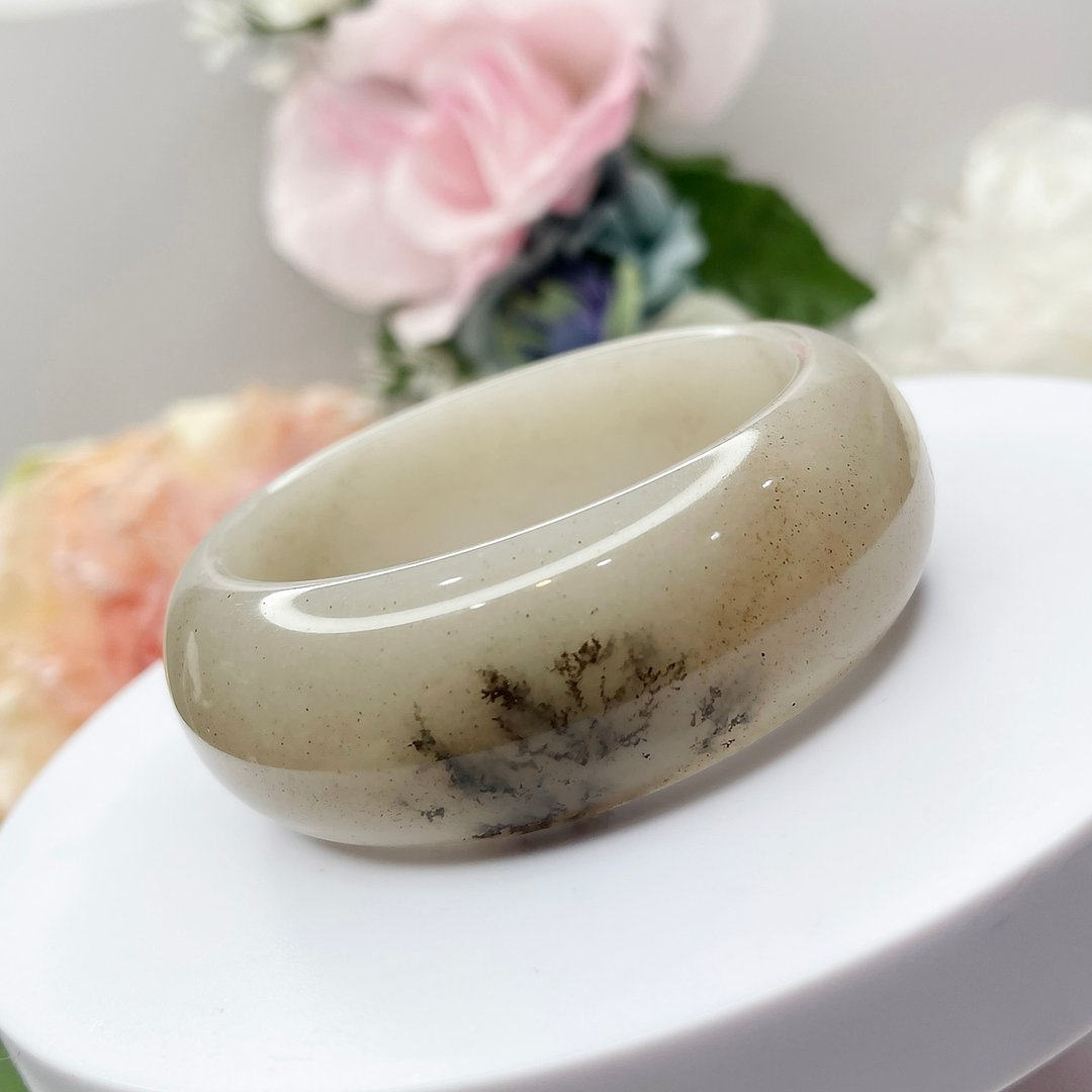 NO.60独特水墨草花宽版轮胎镯 58 MM 圈口 草花镯佘太翠玉 手环 - 手链/手环 - 玉石 多色