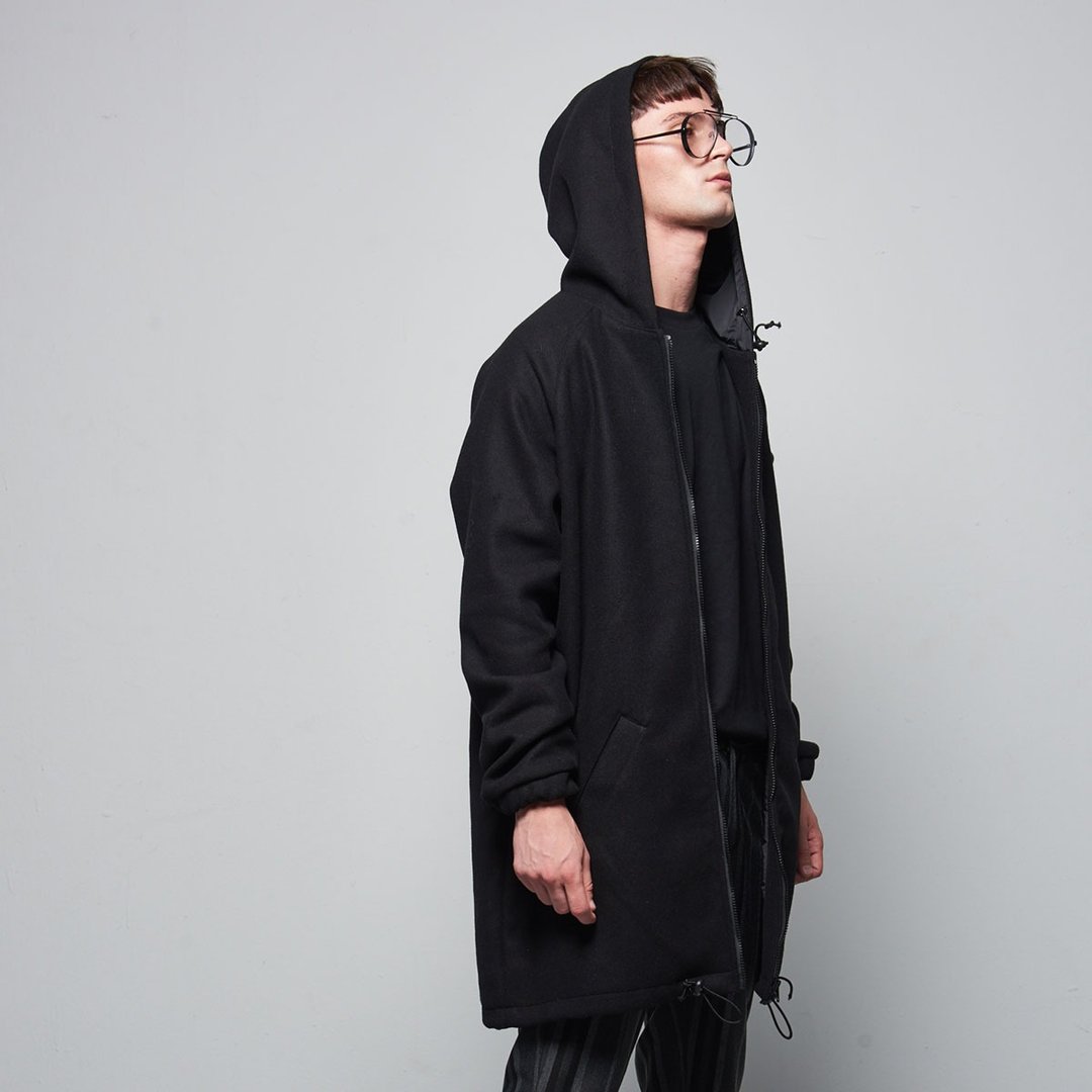 Stone@s Hoodie Coat In Black / 百搭黑色 拉链 毛料大衣 外套 - 男装外套 - 棉 黑色