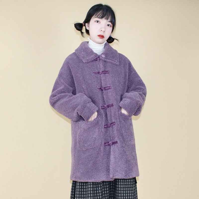 紫色 秋冬保暖羊羔毛夾棉中長款衛衣外套 新中式中秋春節改良上衣 - 女装休闲/机能外套 - 聚酯纤维 紫色