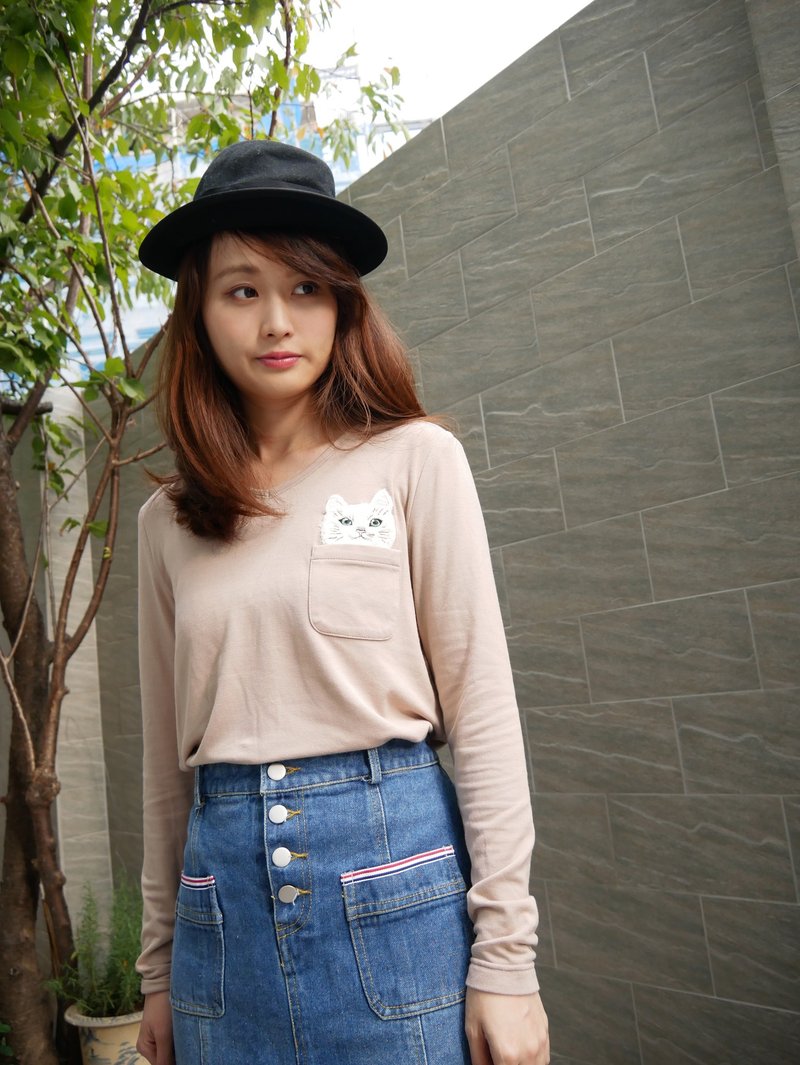 MIT 立体 猫咪 口袋 内刷毛 上衣 - 女装上衣 - 棉．麻 粉红色
