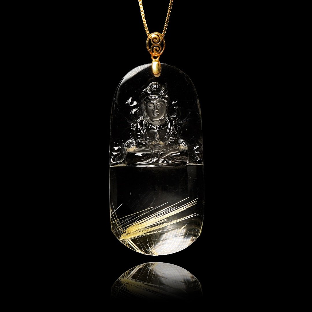 【正佳珠宝】金钛晶 超顶级巧雕观世音菩萨 28.1g 金钛晶吊坠 - 项链 - 半宝石 多色
